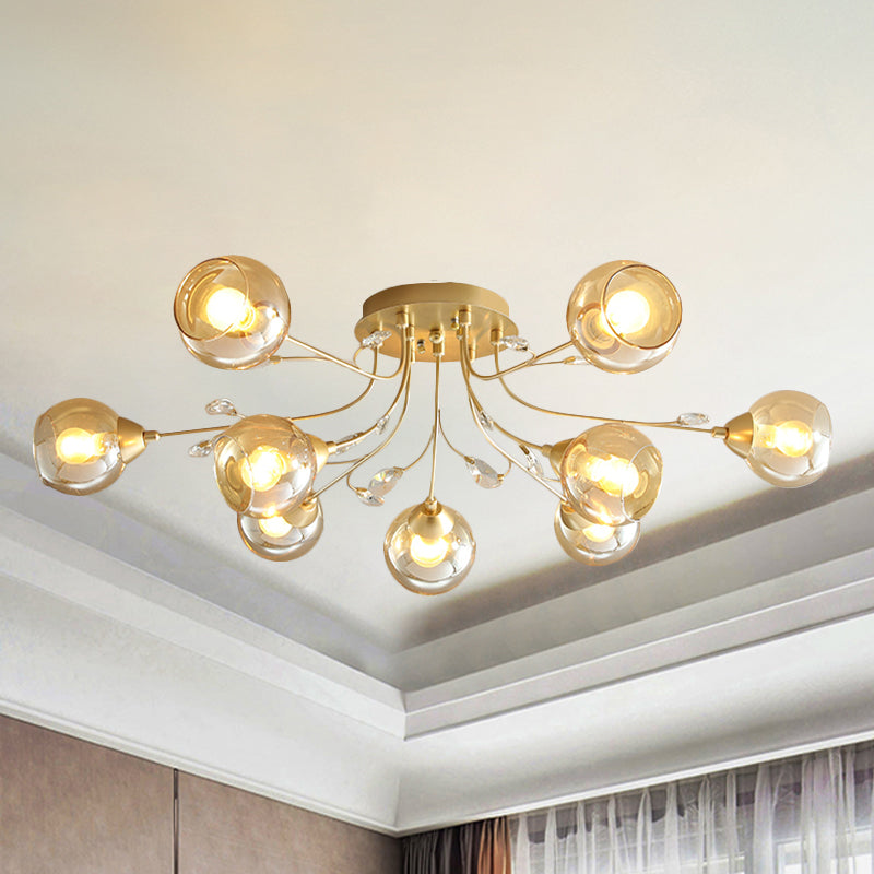 Classic Amber Glass Ball Semi-Flush Light Fixture with Crystal Accent (6/9-Light) for Living Room Ceiling