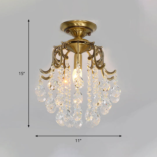 Traditional Curved Semi Flush Mount 1-Light Metal Ceiling Fixture with Clear/Cognac Crystal Droplet