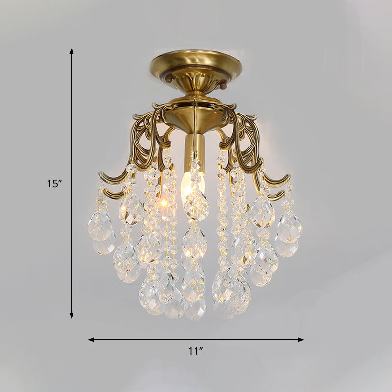 Traditional Curved Semi Flush Mount 1-Light Metal Ceiling Fixture With Clear/Cognac Crystal Droplet