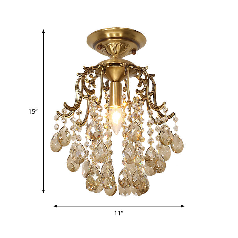 Traditional Curved Semi Flush Mount 1-Light Metal Ceiling Fixture with Clear/Cognac Crystal Droplet