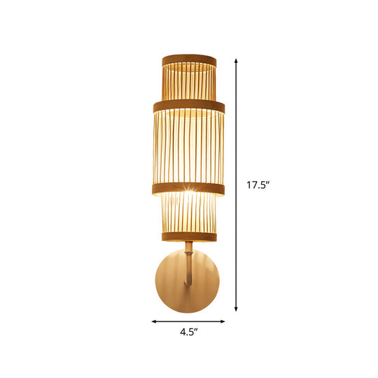 Asian Style Bamboo Wall Lamp Cylinder Fixture Single Bulb Wood Lighting With Curved Arm Ideal For