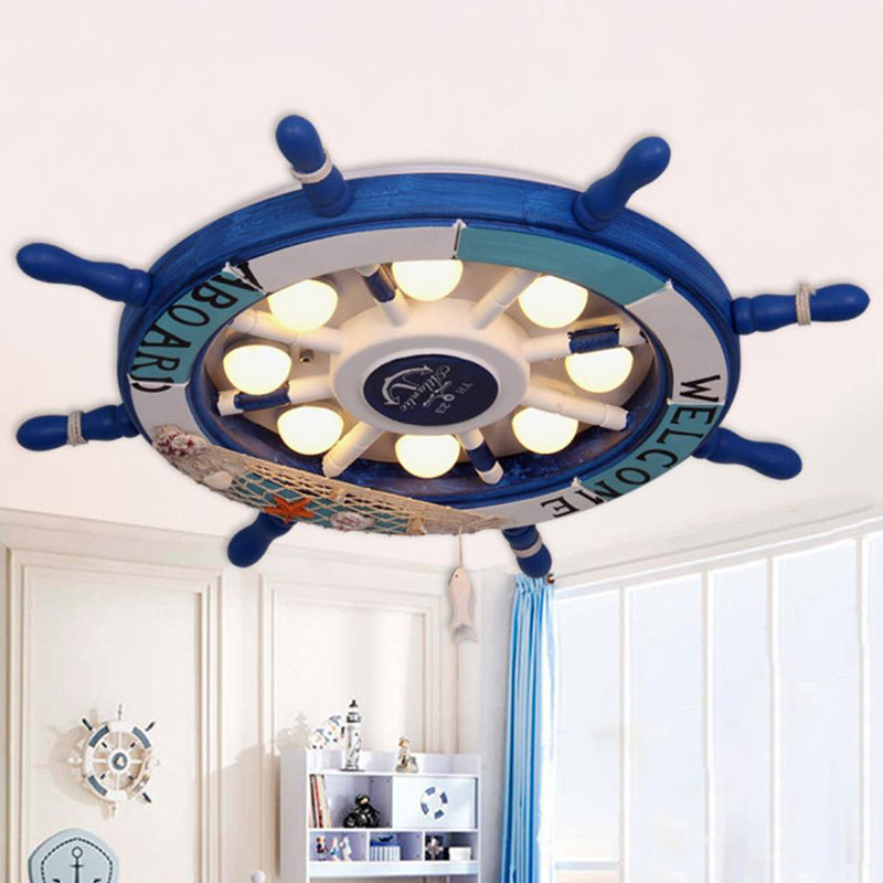 Wooden Ship Rudder Ceiling Lamp - 8-Bulb LED Semi Flush Mount Light (White/Pink/Blue Options)