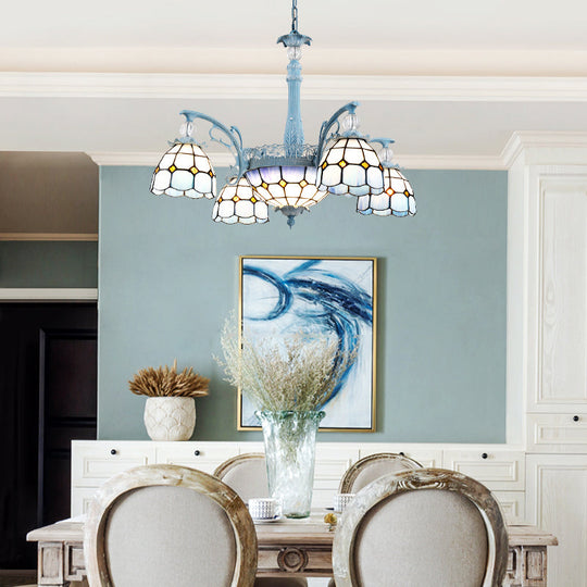 Mediterranean Stained Glass Bell Chandelier - Blue Hanging Lamp With 4/6/8 Lights For Dining Room 4