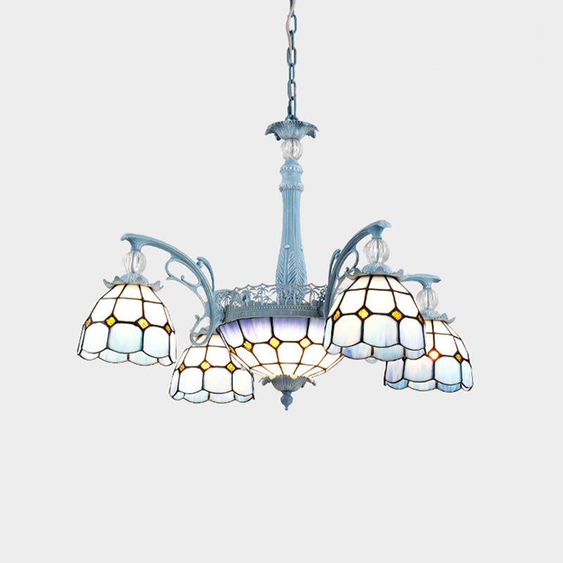 Mediterranean Stained Glass Bell Chandelier - Blue Hanging Lamp With 4/6/8 Lights For Dining Room