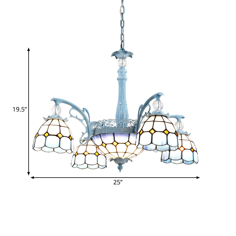 Mediterranean Stained Glass Bell Chandelier - Blue Hanging Lamp With 4/6/8 Lights For Dining Room