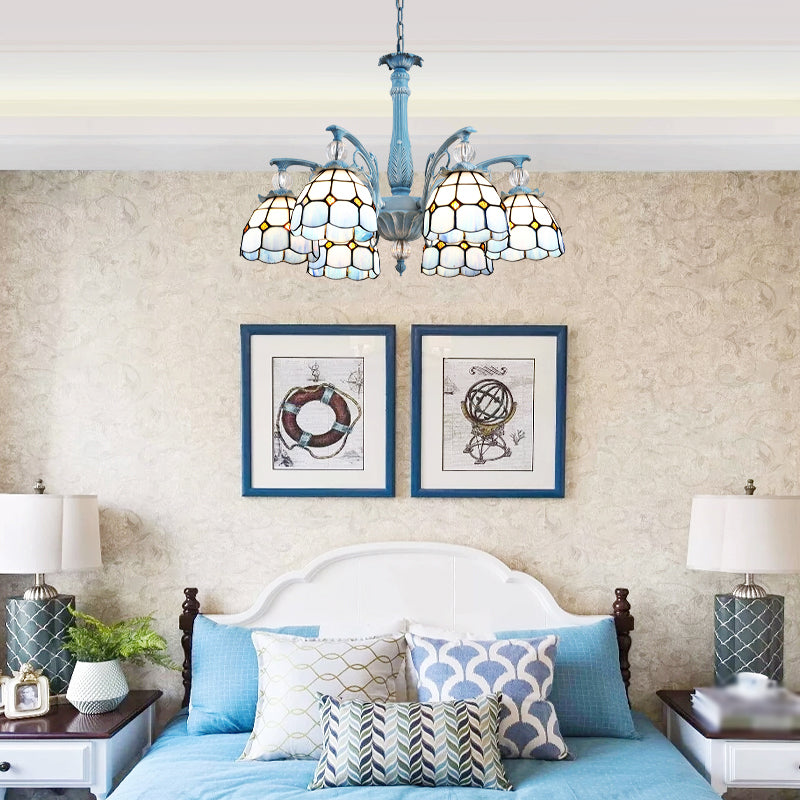 Mediterranean Stained Glass Bell Chandelier - Blue Hanging Lamp With 4/6/8 Lights For Dining Room 6