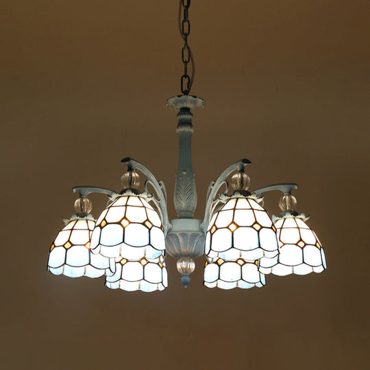 Mediterranean Stained Glass Bell Chandelier - Blue Hanging Lamp With 4/6/8 Lights For Dining Room