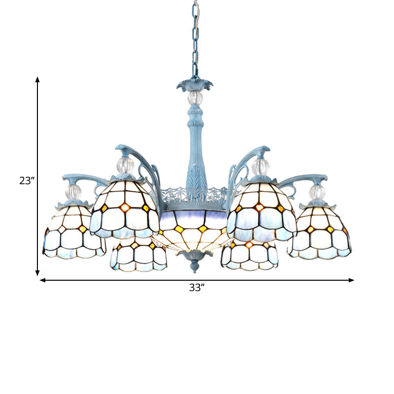 Mediterranean Stained Glass Bell Chandelier - Blue Hanging Lamp With 4/6/8 Lights For Dining Room