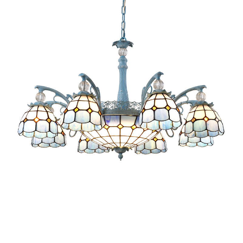 Mediterranean Stained Glass Bell Chandelier - Blue Hanging Lamp With 4/6/8 Lights For Dining Room