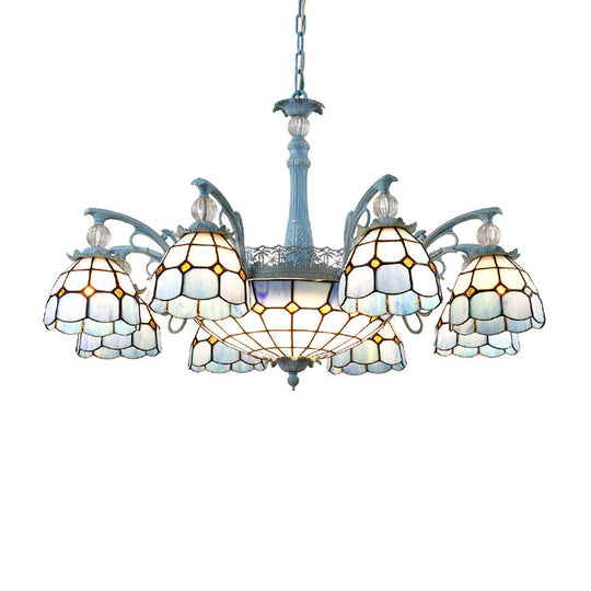 Mediterranean Stained Glass Bell Chandelier - Blue Hanging Lamp With 4/6/8 Lights For Dining Room