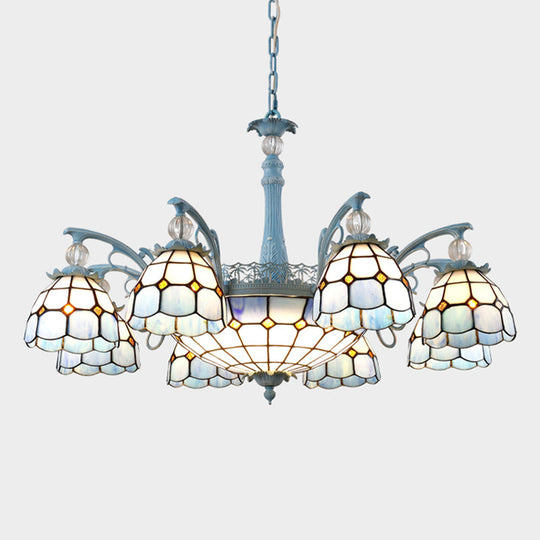 Mediterranean Stained Glass Bell Chandelier - Blue Hanging Lamp With 4/6/8 Lights For Dining Room