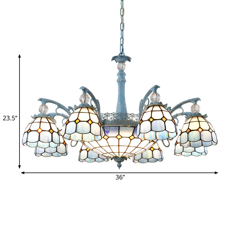 Mediterranean Stained Glass Bell Chandelier - Blue Hanging Lamp With 4/6/8 Lights For Dining Room