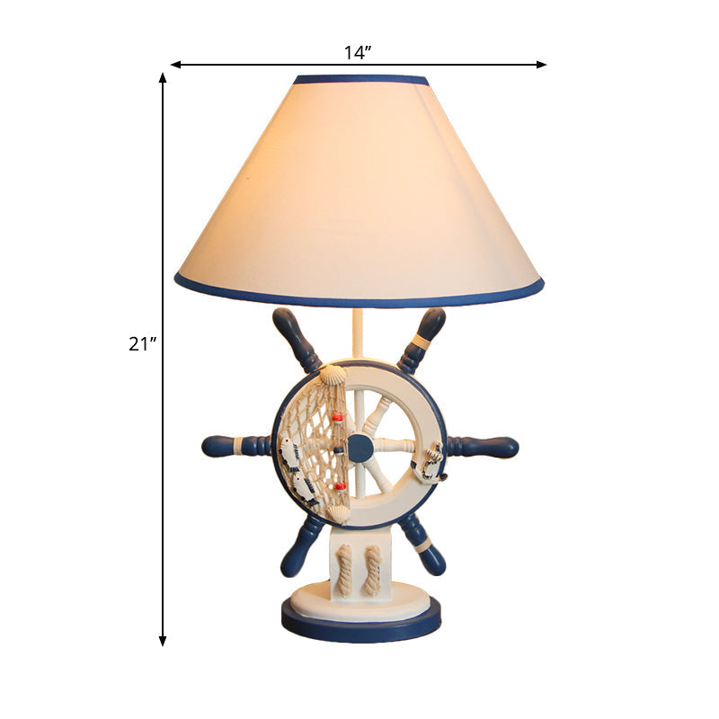 Kids Wooden Table Light - Lifebuoy/Rudder 5-Light Blue Nightstand Lamp With Conical Fabric Shade