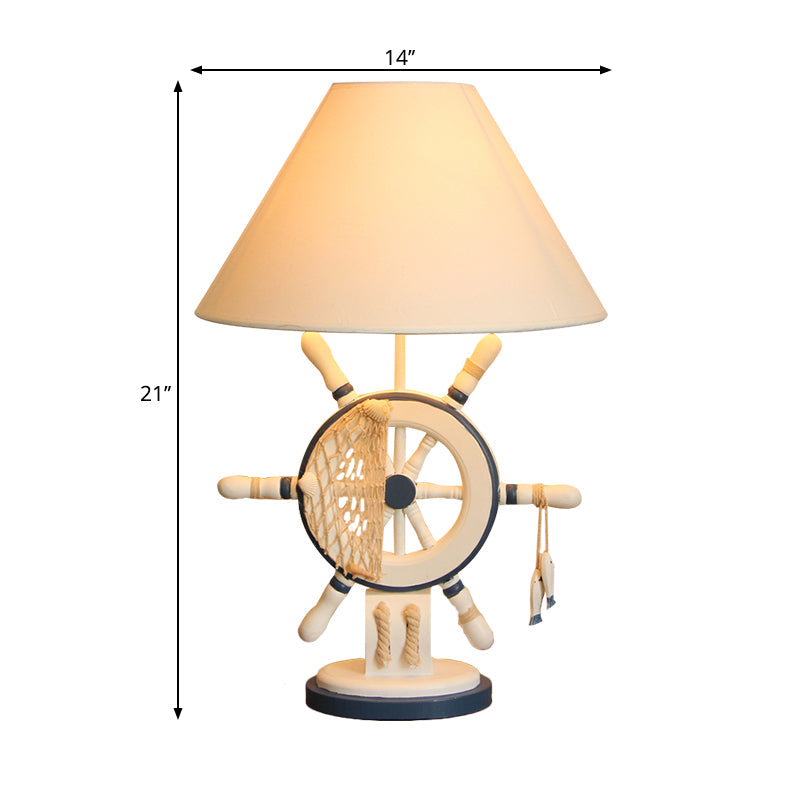 Kids Wooden Table Light - Lifebuoy/Rudder 5-Light Blue Nightstand Lamp With Conical Fabric Shade