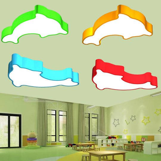 Ocean-Inspired Dolphin Led Nursery Ceiling Lamp Acrylic Cartoon Flush Mount Light Fixture In Red