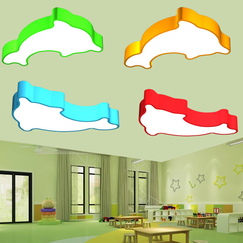 Dolphin Nursery Led Ceiling Lamp Cartoon Flush Mount Light In Red/Yellow/Blue 19.5/23.5 Width Yellow