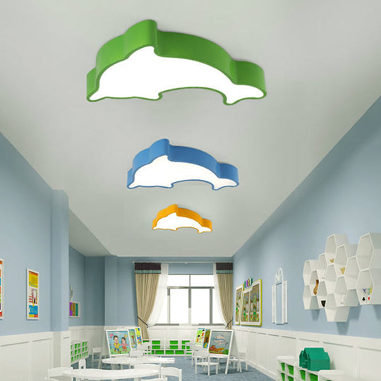 Dolphin Nursery Led Ceiling Lamp Cartoon Flush Mount Light In Red/Yellow/Blue 19.5/23.5 Width