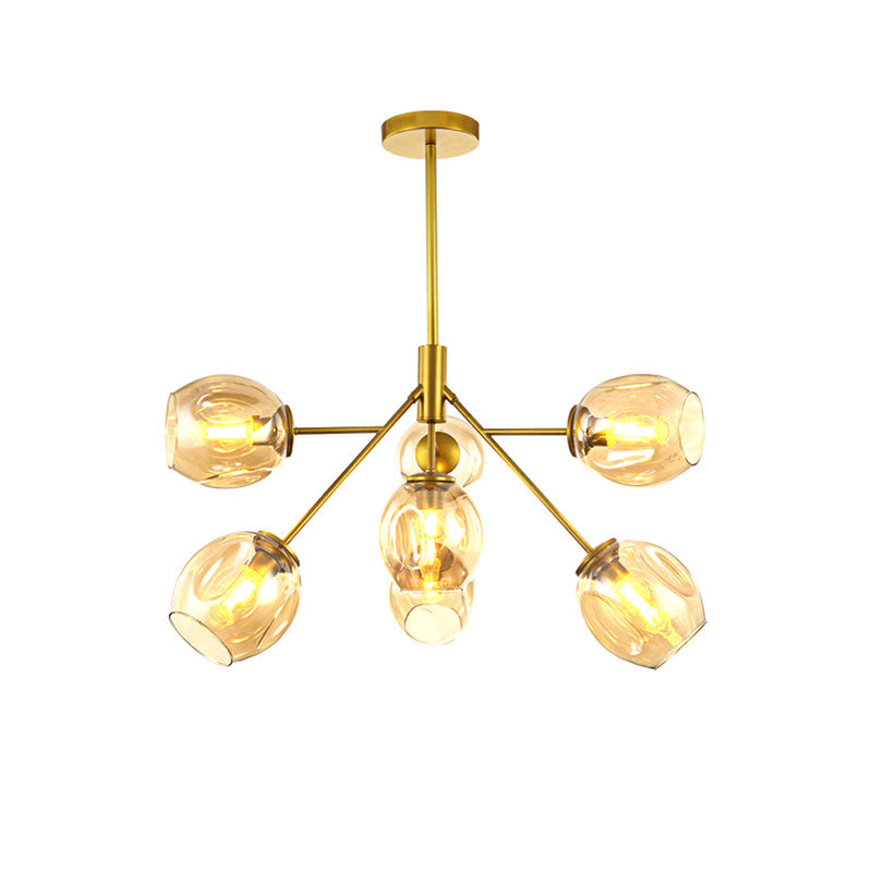 Modern Gold Hanging Lamp With Amber Glass Shade - 7/9/13 Lights Branch Chandelier