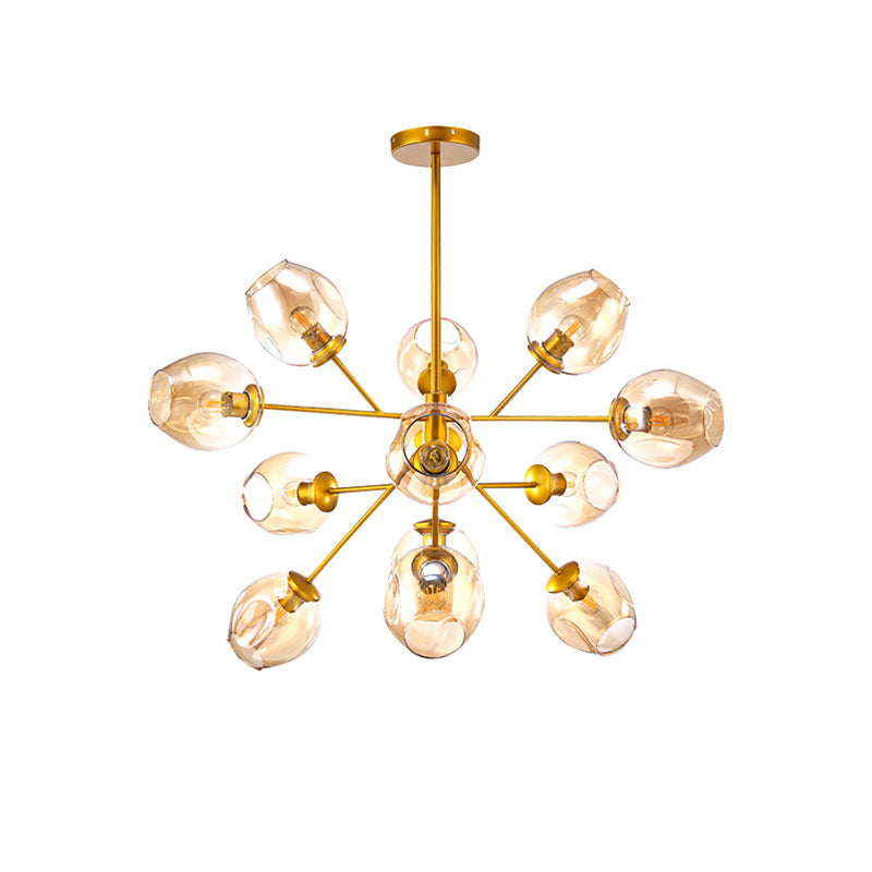 Modern Gold Hanging Lamp With Amber Glass Shade - 7/9/13 Lights Branch Chandelier