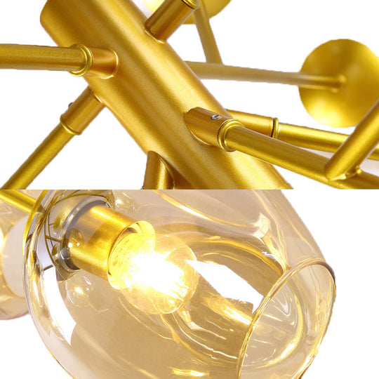 Modern Gold Hanging Lamp With Amber Glass Shade - 7/9/13 Lights Branch Chandelier