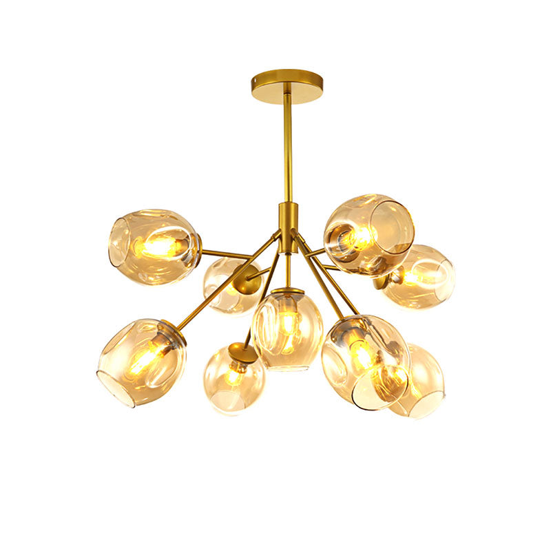 Modern Gold Hanging Lamp With Amber Glass Shade - 7/9/13 Lights Branch Chandelier