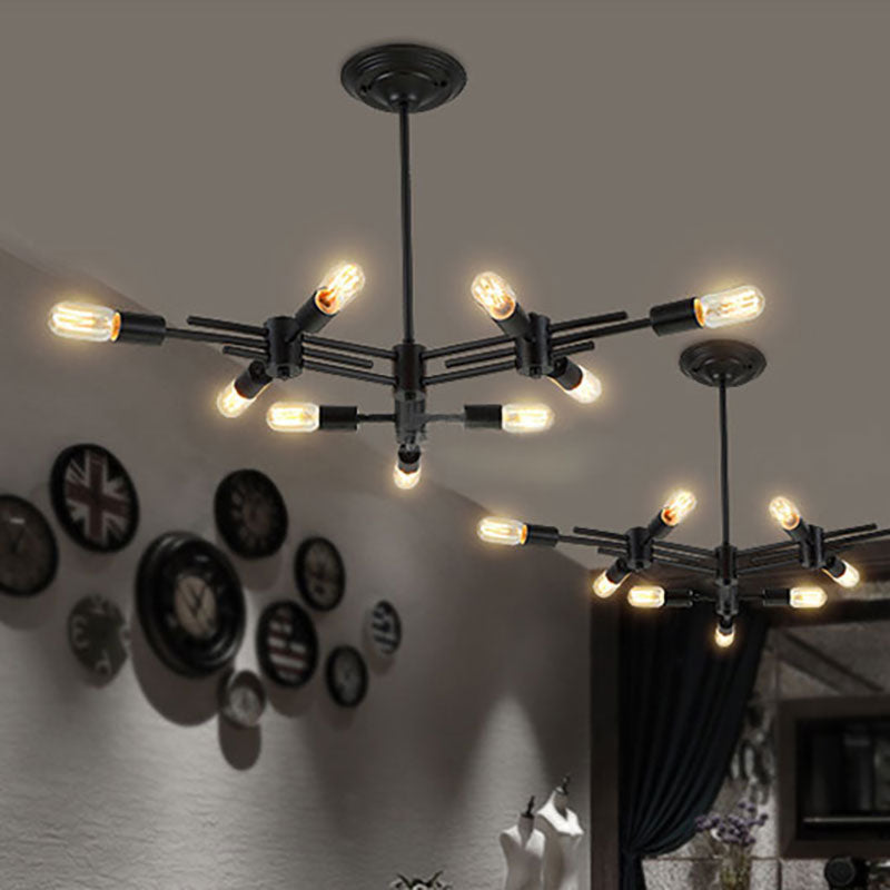 Contemporary Black Metallic Pendant Lamp With Exposed Bulbs - 9/12 Heads For Restaurant Ceiling