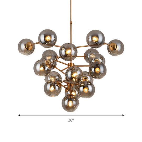 Smoke Glass Grape Chandelier - 19 Heads Pendant Light In Brass For Hotels