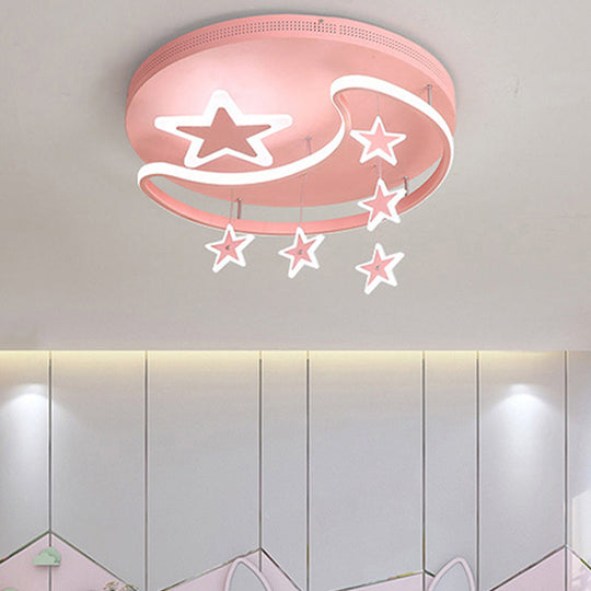 Kids Cartoon Pink Flush Mount Light with Star and Moon Metal Acrylic LED Ceiling Lamp