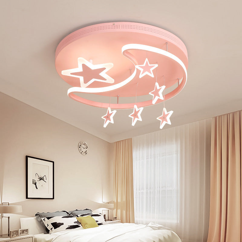 Kids Cartoon Pink Flush Mount Light with Star and Moon Metal Acrylic LED Ceiling Lamp