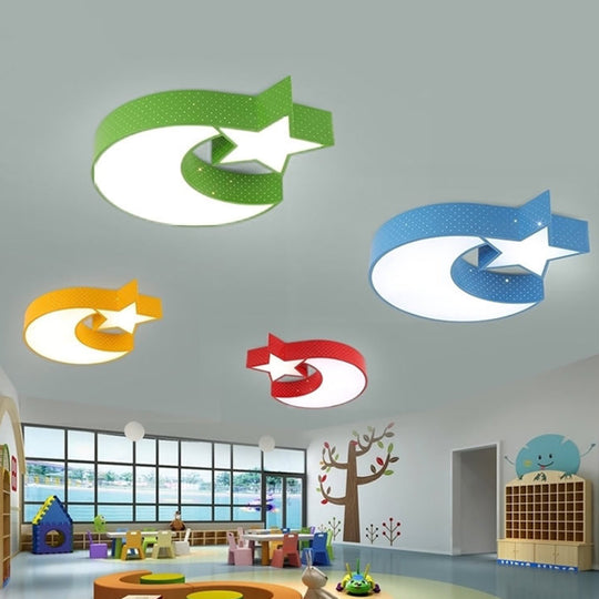 Nursery Led Cartoon Flush Mounted Lamp With Crescent And Star Ceiling Design In Multiple Colors