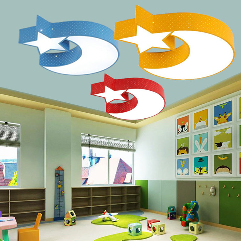 Nursery LED Cartoon Flush Mounted Lamp with Crescent and Star Ceiling Design in Multiple Colors