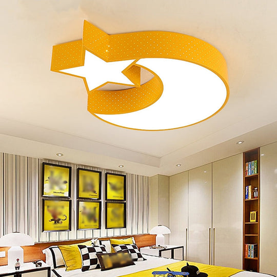 Nursery Led Cartoon Flush Mounted Lamp With Crescent And Star Ceiling Design In Multiple Colors