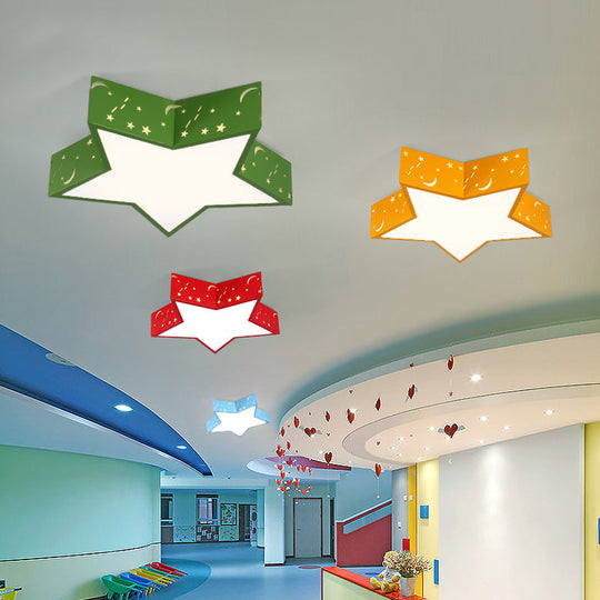 Kids Bedroom Metallic Star Flush Ceiling Light In Macaron Red Green And Pink - Led Flushmount