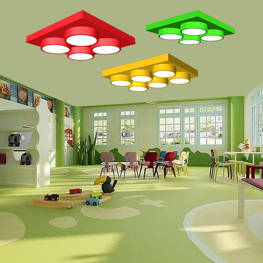 LED Nursery Ceiling Lamp - Kids Building Block Flush Mount Fixture - Metal - 16"/19.5"/23.5" - Red/Green - White Light