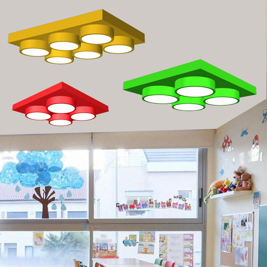 LED Nursery Ceiling Lamp - Kids Building Block Flush Mount Fixture - Metal - 16"/19.5"/23.5" - Red/Green - White Light