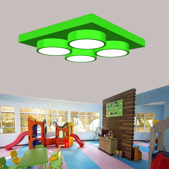 LED Nursery Ceiling Lamp - Kids Building Block Flush Mount Fixture - Metal - 16"/19.5"/23.5" - Red/Green - White Light