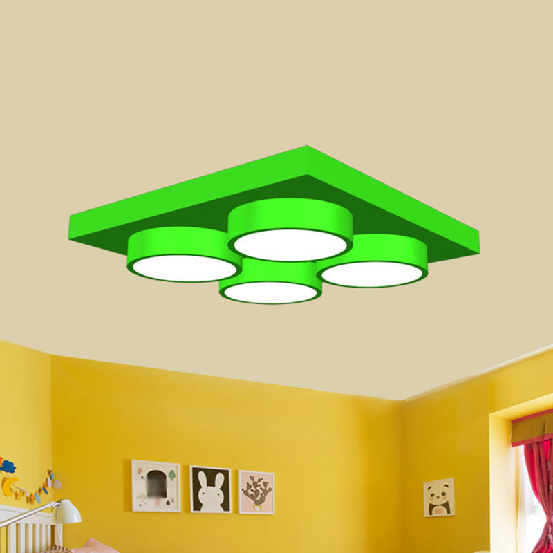 LED Nursery Ceiling Lamp - Kids Building Block Flush Mount Fixture - Metal - 16"/19.5"/23.5" - Red/Green - White Light