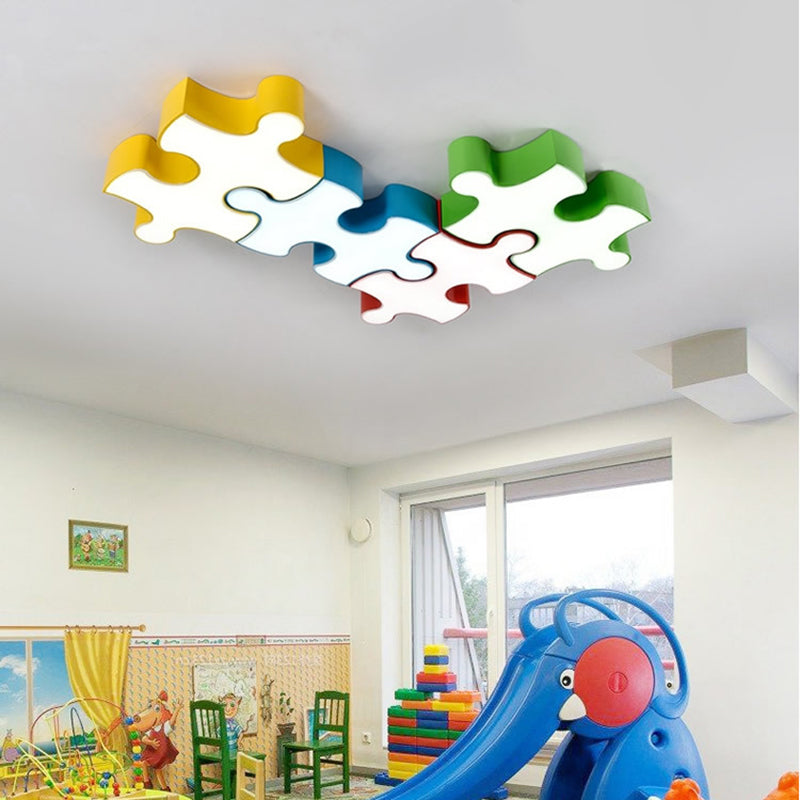 Kids Style Jigsaw Puzzles Ceiling Flush Light - Acrylic LED Flushmount in Red/Yellow & White