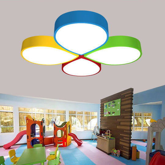 Macaron 4-Petal Flower LED Ceiling Flush Mount Lamp - 23.5"/35.5" Width - Red-Yellow-Blue-Green Colors - Metallic Finish - Ideal for Kindergarten - White Light + 3 Color Options