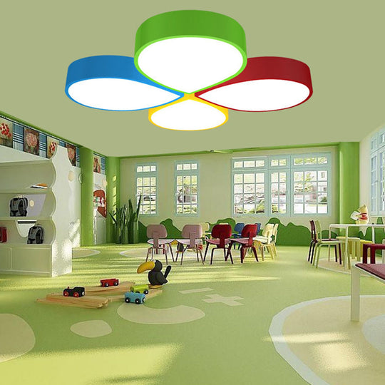 Macaron 4-Petal Flower LED Ceiling Flush Mount Lamp - 23.5"/35.5" Width - Red-Yellow-Blue-Green Colors - Metallic Finish - Ideal for Kindergarten - White Light + 3 Color Options