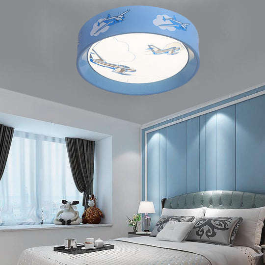 Blue Round Flush Mount Ceiling Light with Cartoon Plane Design - Perfect for Bedroom