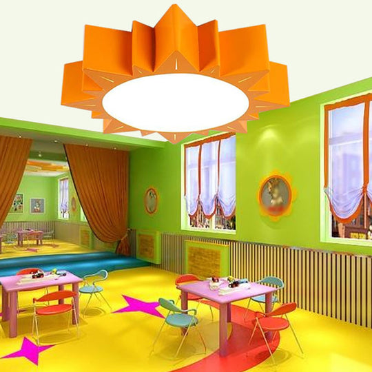 Cartoon Sun Acrylic LED Ceiling Light - Orange, Kids Bedroom Flush Mount, 19.5"/23.5" Wide