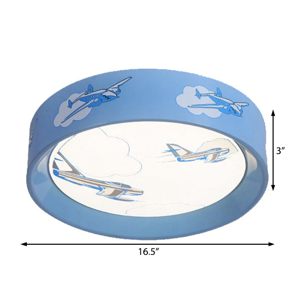 Blue Round Flush Mount Ceiling Light with Cartoon Plane Design - Perfect for Bedroom