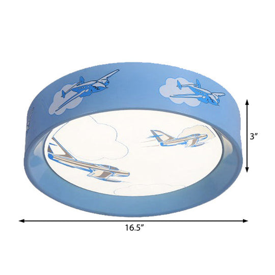 Blue Round Flush Mount Ceiling Light With Cartoon Plane Design - Perfect For Bedroom