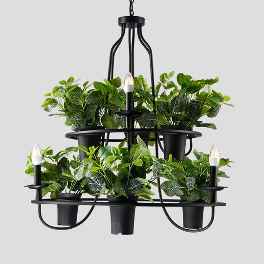 Vintage Bonsai Ceiling Chandelier with Iron Pendant Light in Black, 3/6 Bulbs, 1/2-Layer Design, 19.5"/27.5" Width