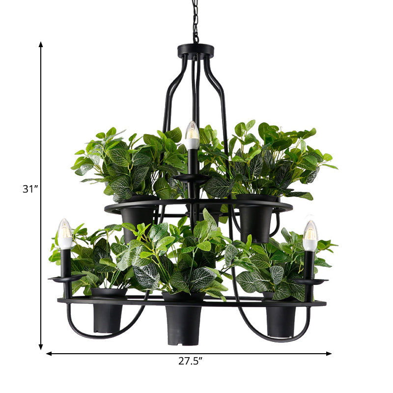 Vintage Bonsai Ceiling Chandelier with Iron Pendant Light in Black, 3/6 Bulbs, 1/2-Layer Design, 19.5"/27.5" Width