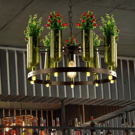 Iron Circular Chandelier Pendant Lamp in Black with Glass Pot and Plant - Restaurant Suspension Lighting