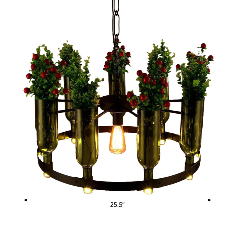 Iron Circular Chandelier Pendant Lamp in Black with Glass Pot and Plant - Restaurant Suspension Lighting