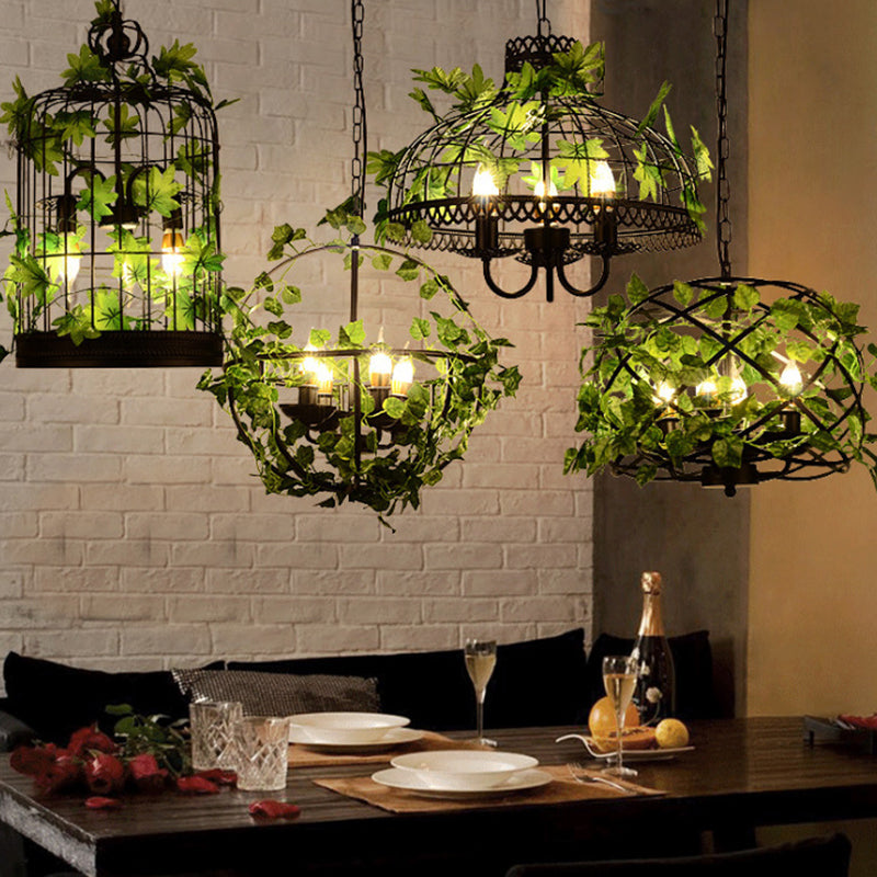 4-Head Plant Pendant Chandelier with Basket/Bowl Iron Cage - Black, Ideal for Rural Restaurants