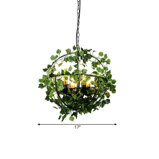 4-Head Plant Pendant Chandelier with Basket/Bowl Iron Cage - Black, Ideal for Rural Restaurants